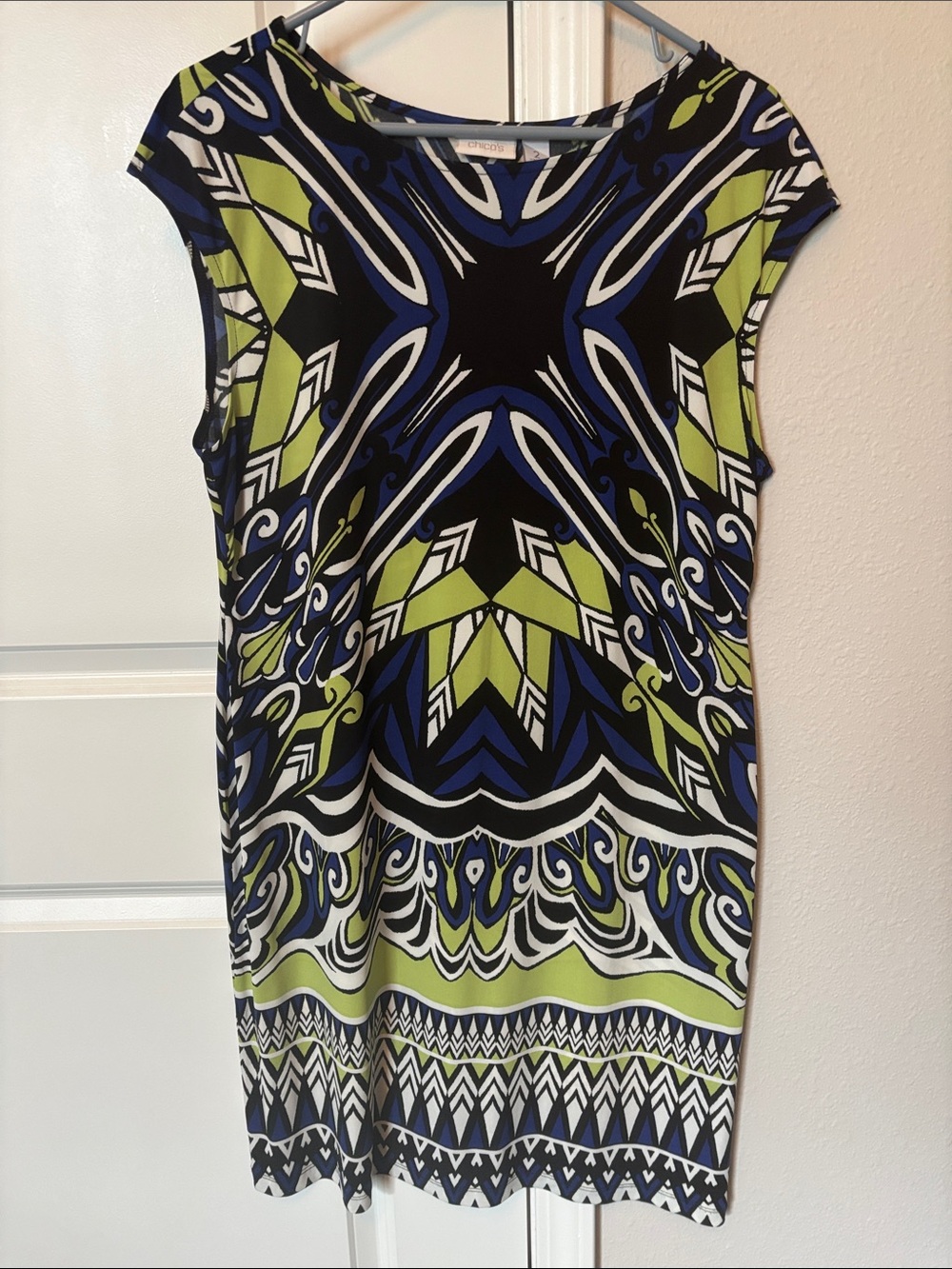 Chico's Black, Blue & White Graphic Shift Dress Geometric Size 2
